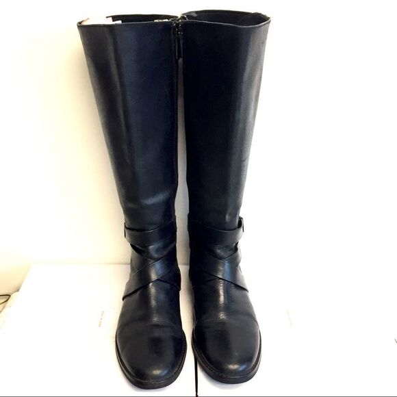 COLE HAAN Black Flat Leather Riding Boots With Ankle Strap 7 - Picture 6 of 9
